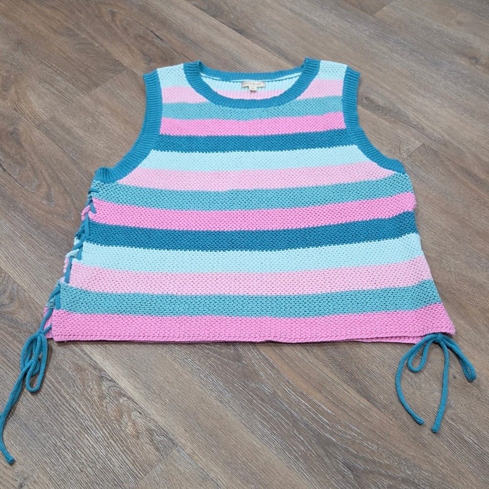 Hem & Thread Striped Knit Sweater Vest Pink Teal Lace Up Sides Large